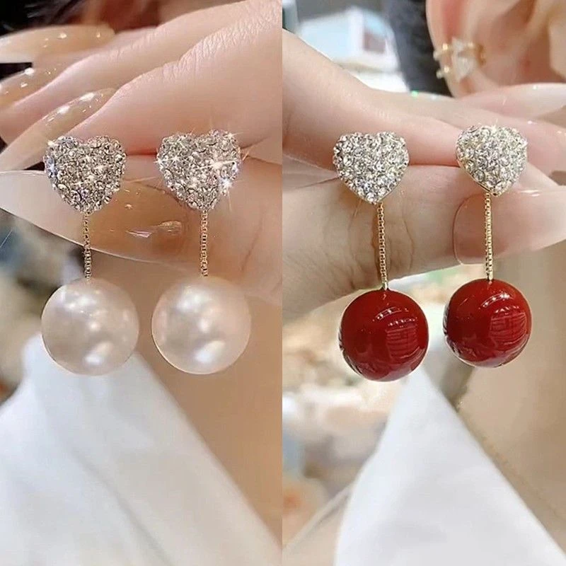 2024年韩版新款潮高级感珠珠爱心耳钉一款两戴耳环气质少女耳饰品