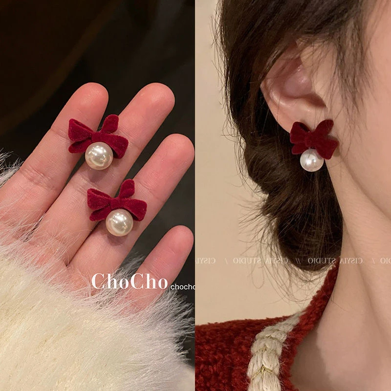 轻奢蝴蝶结珠珠耳钉法式气质红色耳环精致简约小众设计高级感耳饰