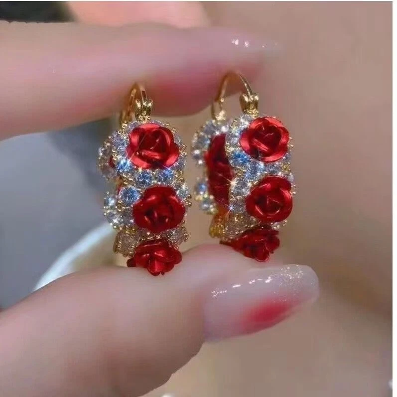 小众时尚设计感红色玫瑰花圆圈耳扣女高级感百搭精致时髦洋气耳饰