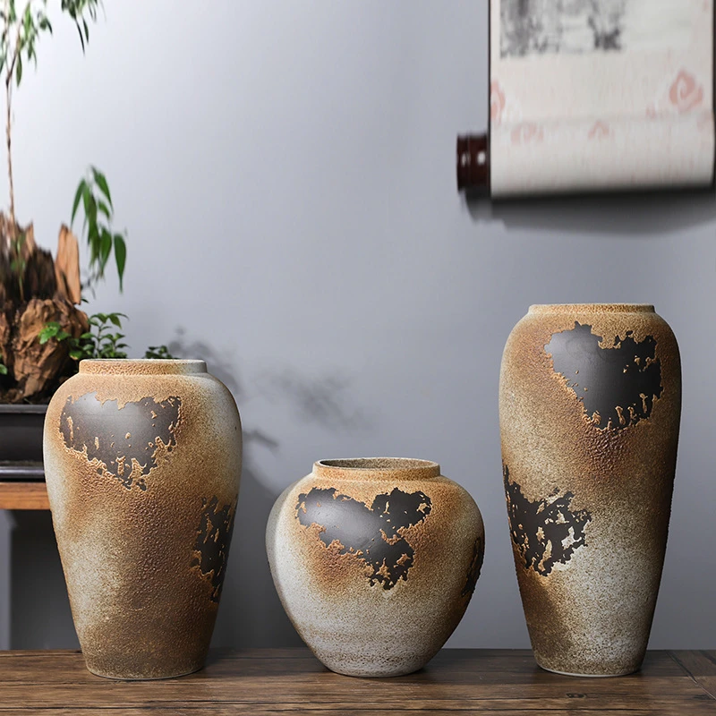 景德镇陶瓷花瓶家居装饰品侘寂风干花花器复古棕色罐子插干枝莲蓬