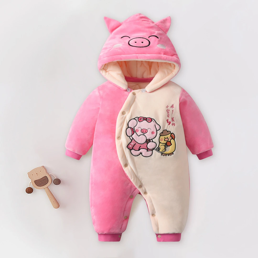 婴儿衣服冬季保暖棉服宝宝夹棉连体衣加厚加绒连帽哈衣新生儿抱衣
