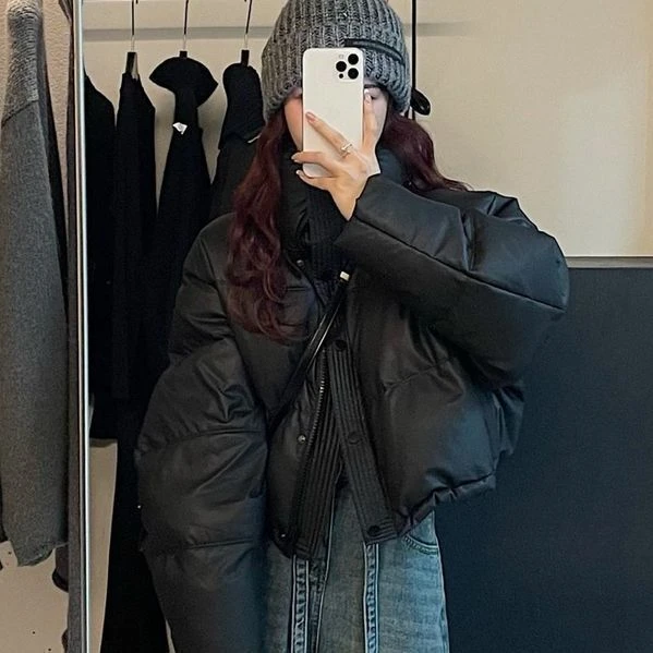 免洗pu皮羽绒服女短款2024新款冬季加厚立领面包服小个子肯豆外套