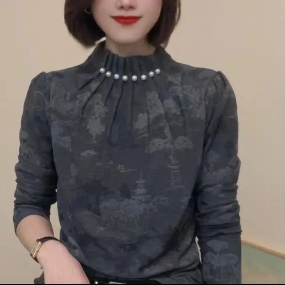 53460秋冬新款半高领钉珠时尚气质设计感女士T恤显瘦长袖打底衫