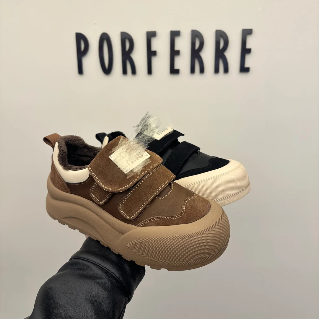 波斐复古磨砂皮魔术贴休闲女2024冬季新款百搭厚底面包鞋459-527