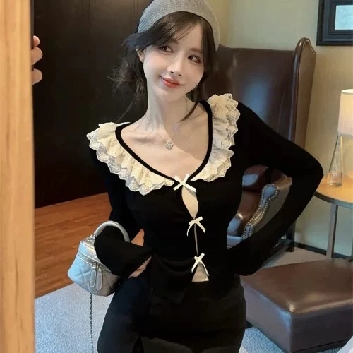 2024（大發）花边蕾丝领蝴蝶结夹两件加绒显瘦时尚上衣