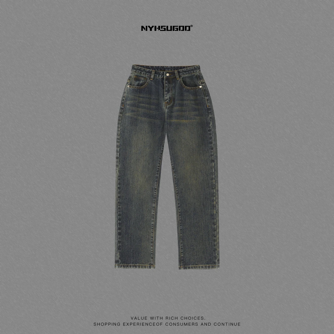 NYHSUGOO/南乙3236秋冬新款男士蓝色复古做旧棉质牛仔直筒裤显瘦