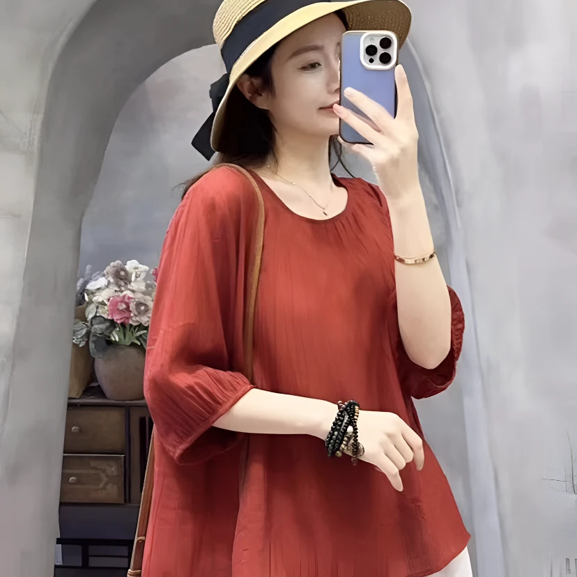 2025夏季薄款设计感上衣时尚文艺显瘦圆领纹理气质小衫减龄妈妈装