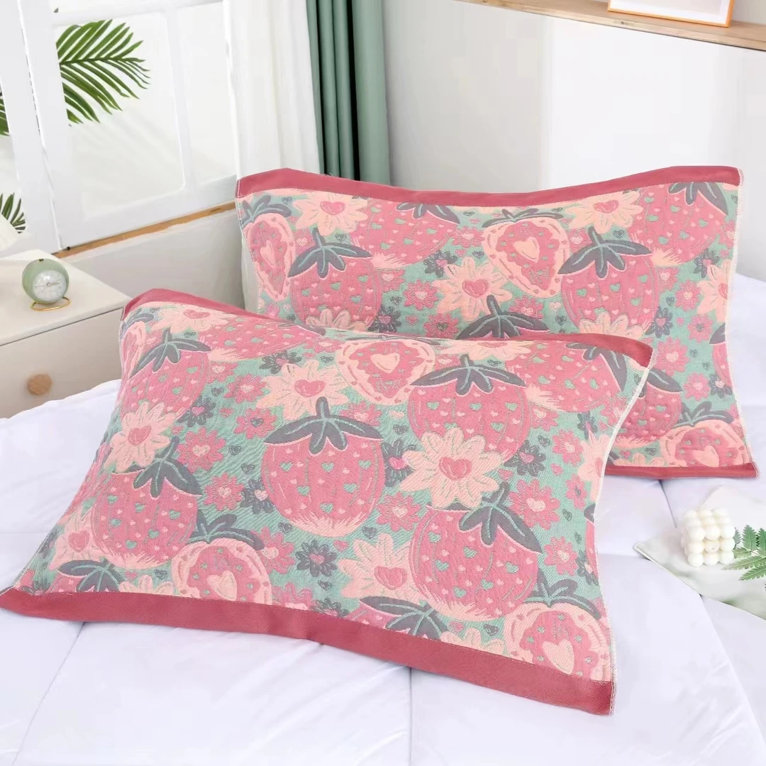 【草莓枕巾一对装】52*78cm多层纯棉纱布枕巾