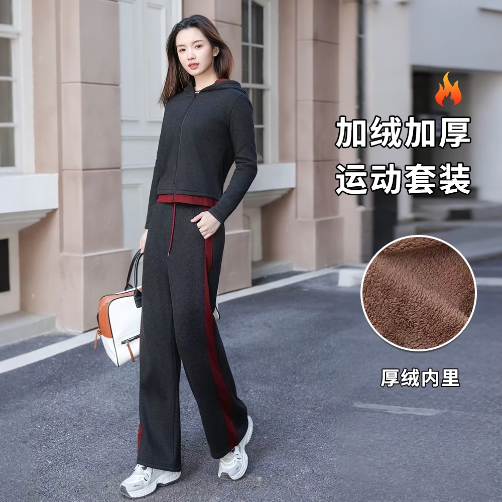 新款加绒加厚拉链连帽套装秋冬时尚气质显瘦运动休闲两件套女R655