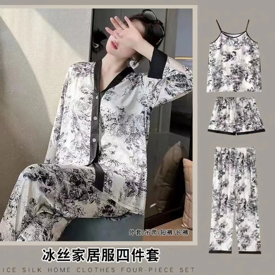 玖兰爵春夏水墨画四套装女时尚提花宽松四件套休闲睡衣套装KZ014