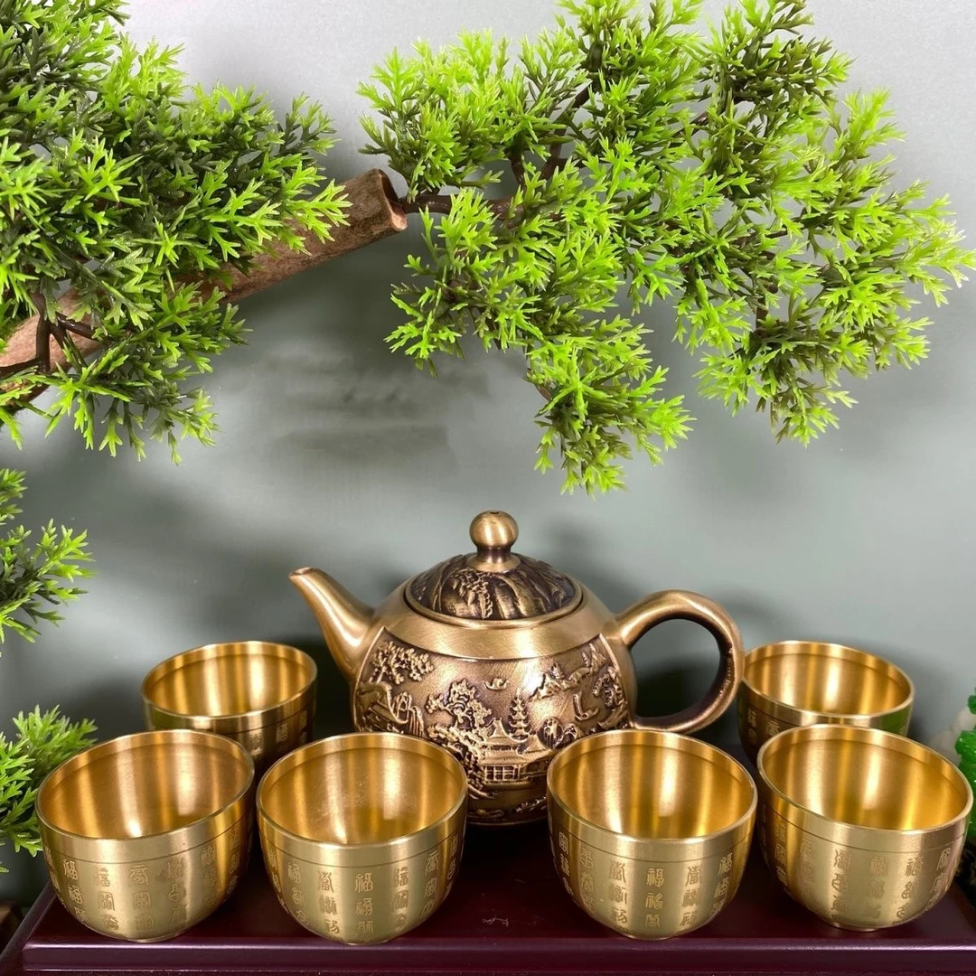 【壶+六个百福杯】纯黄铜拉丝山水浮雕茶壶居家装饰金色全黄铜茶壶