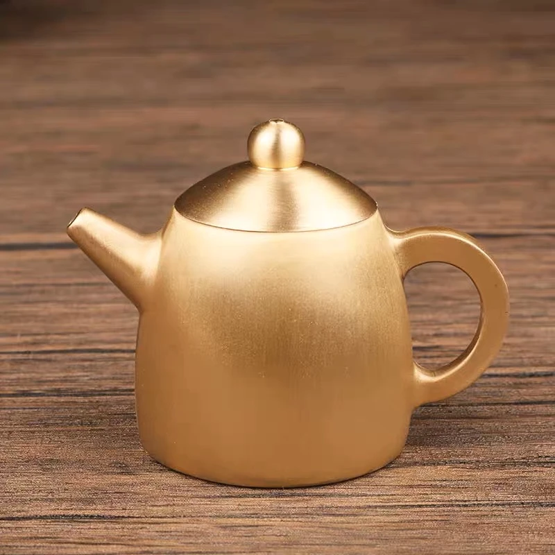 纯黄铜仿古拉丝高脚小茶壶办公室家居禅意套装装饰品工艺品摆件