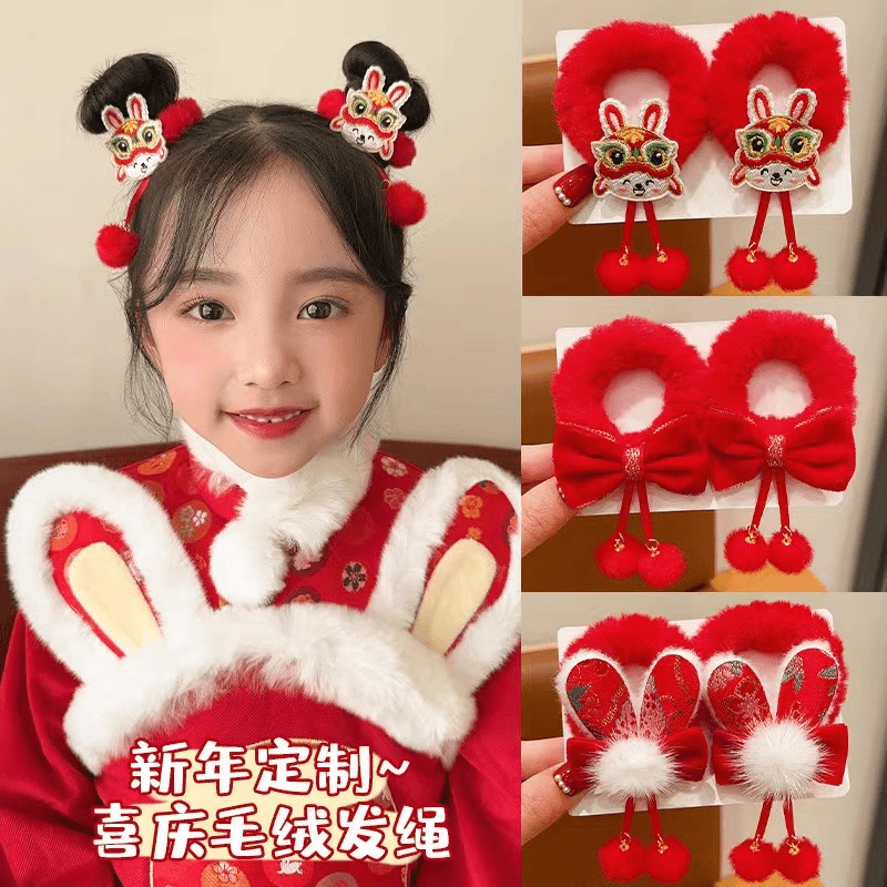4新春古风喜庆发饰】过年红色儿童蝴蝶结铃铛绒感全包刺绣发箍兔子