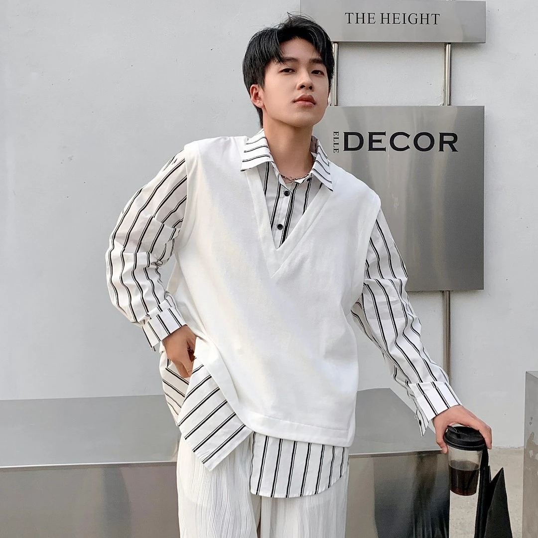 （断码清仓）休闲黑白假两件衬衫时尚潮流拼接设计感长袖