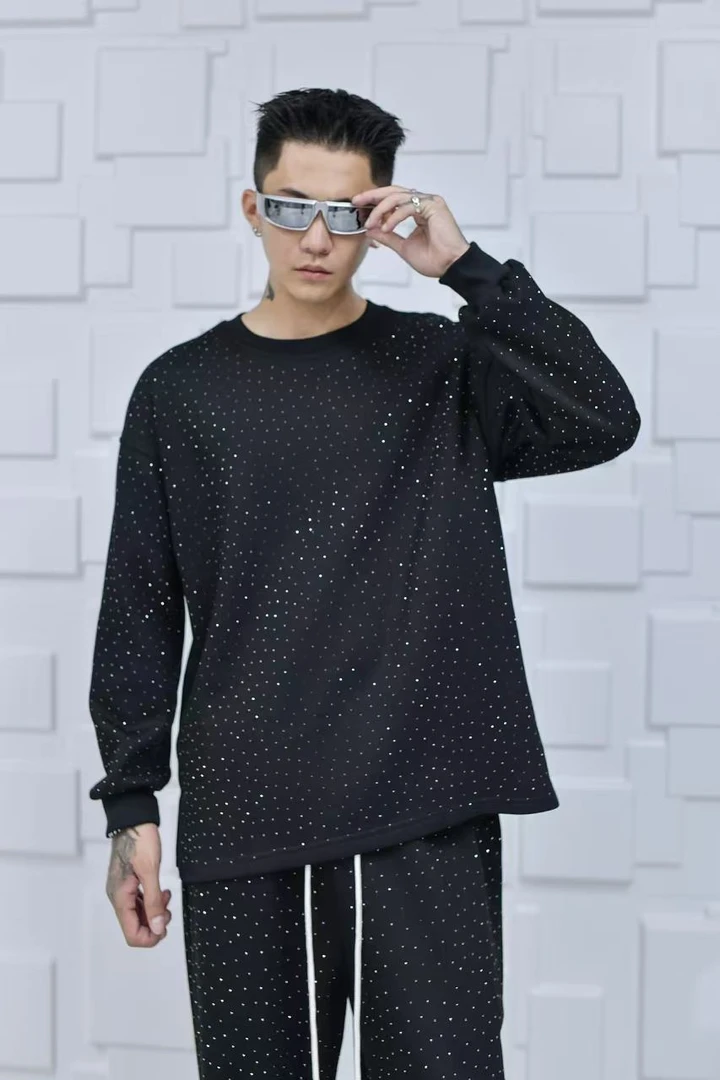 潮牌男士春秋新款时尚百搭休闲套装烫钻圆领套头长袖卫衣两件套男