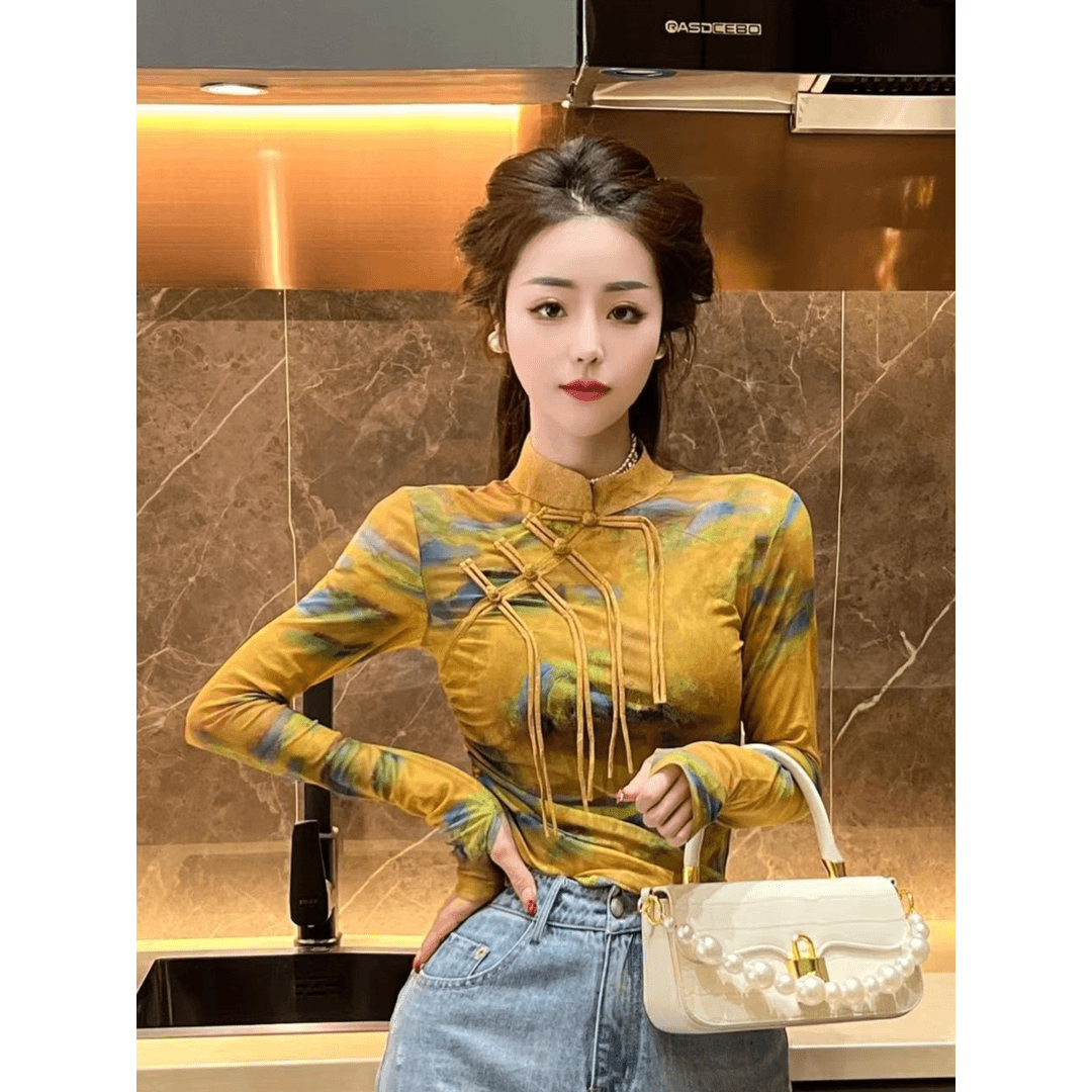 新中式流苏立领长袖打底衫衣女秋季褶皱设计复古高级感修身上衣潮