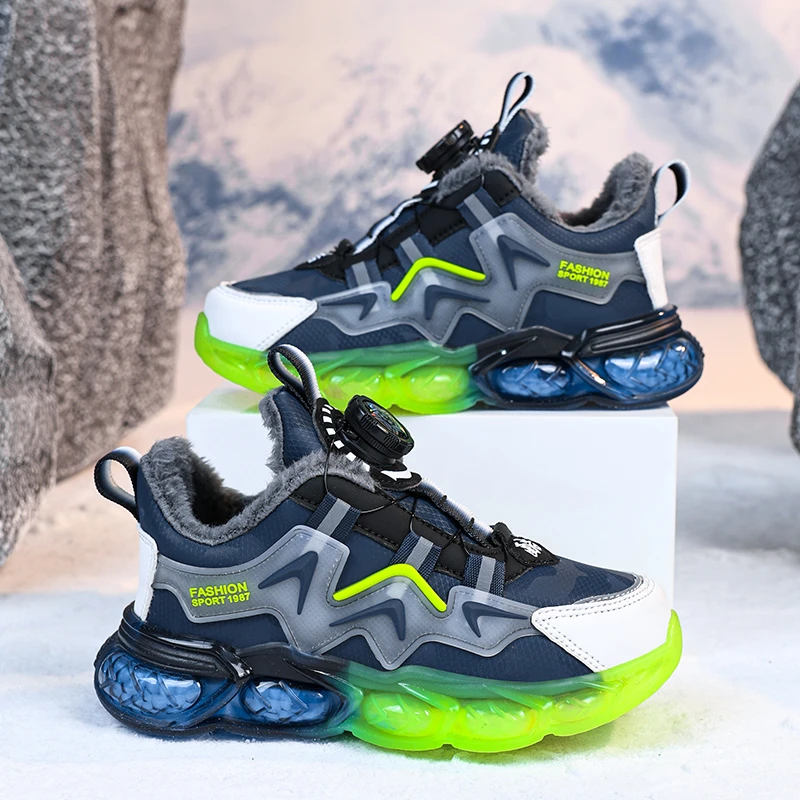 CEO ABC男童棉鞋冬季加绒保暖皮面防水儿童运动鞋旋转扣男孩鞋子