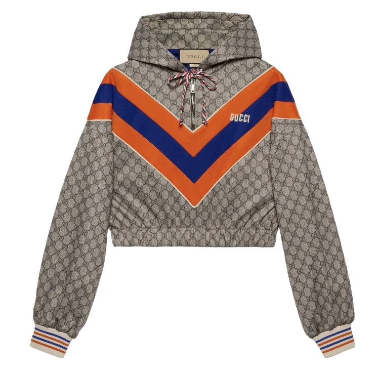 GUCCI/古驰古驰Gucci短款条纹拼接连帽卫衣老花满印