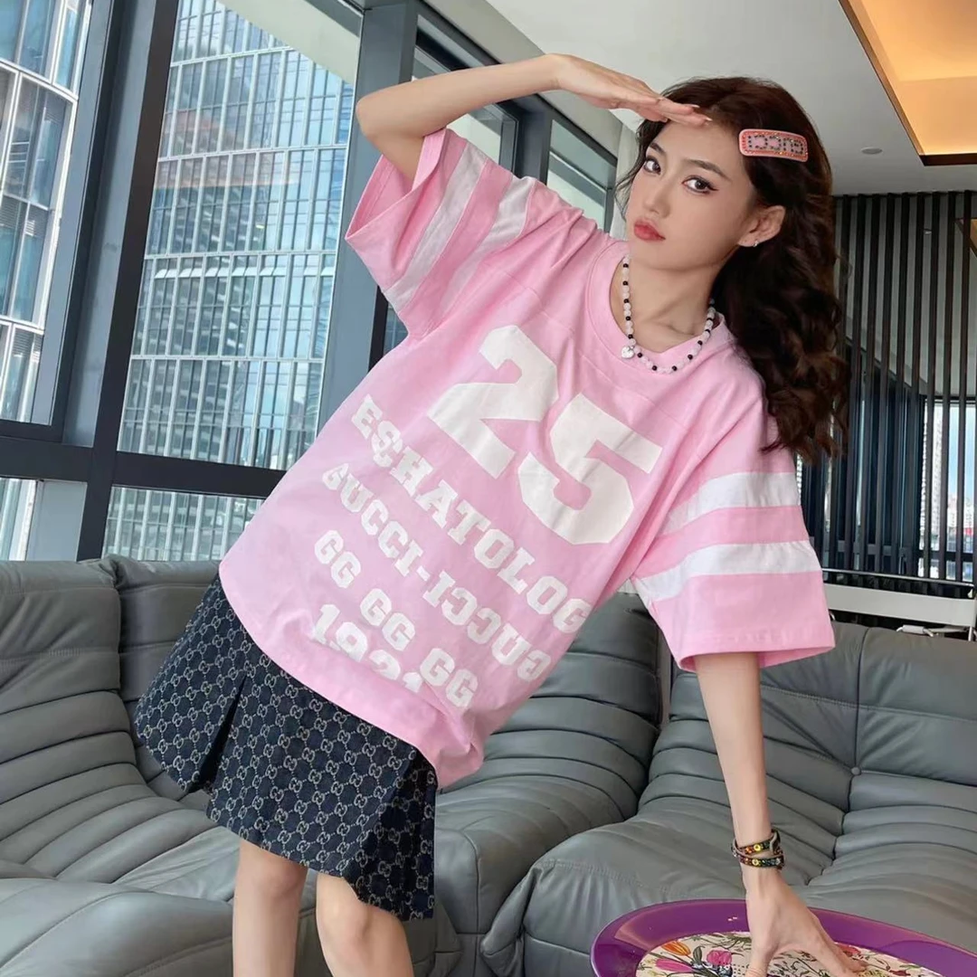 GUCCI/古驰古驰Gucci男女款粉色休闲时尚25号印花夏季短袖T恤