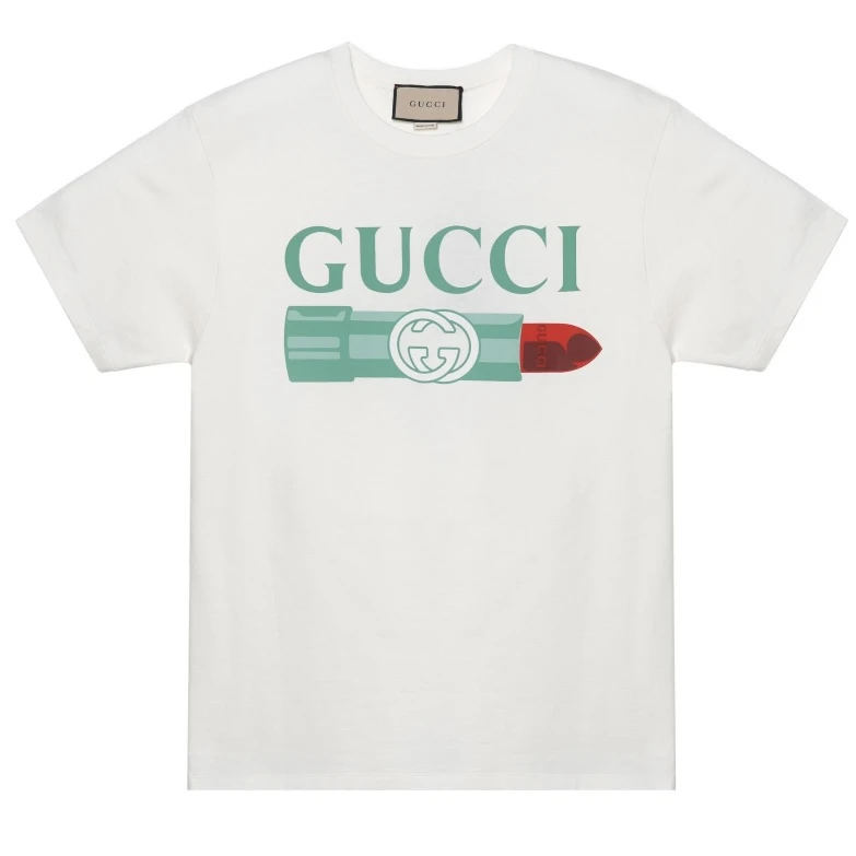 未使用 GUCCI/古驰 口红字母图案纯棉短袖T恤男女同款白色印花