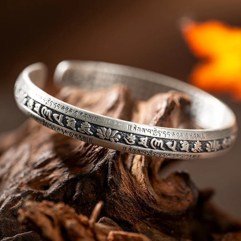 足银手镯 莲花心经999纯银女复古男六字真言银镯子开口手环