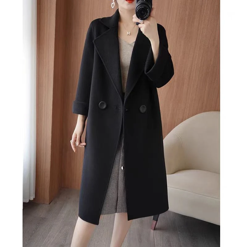 昕旦法式复古双面呢西装翻领中长款大衣
