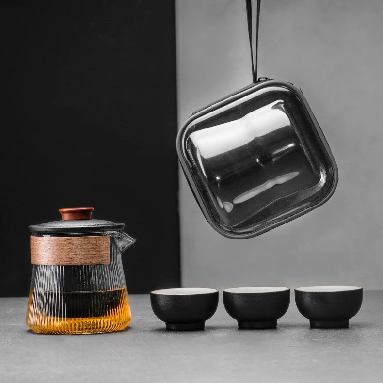 陶瓷便携快客杯户外功夫茶具露营玻璃泡茶壶旅行茶具套装一壶三杯