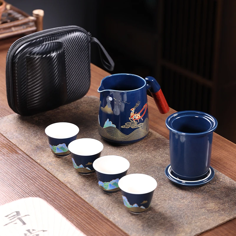霁蓝功夫茶具旅行套装大容量户外露营泡茶壶快客杯一壶四杯便携包