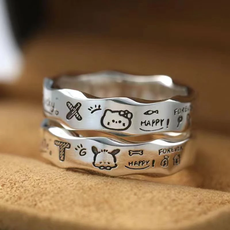 卡通涂鸦戒指波浪边情侣戒指男女Hellokitty猫咪动漫帕恰狗戒饰品