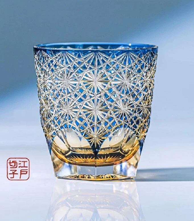 【星辰坊】蓝雏菊 江户切子复古水晶杯手工雕刻威士忌酒杯日式菊纹