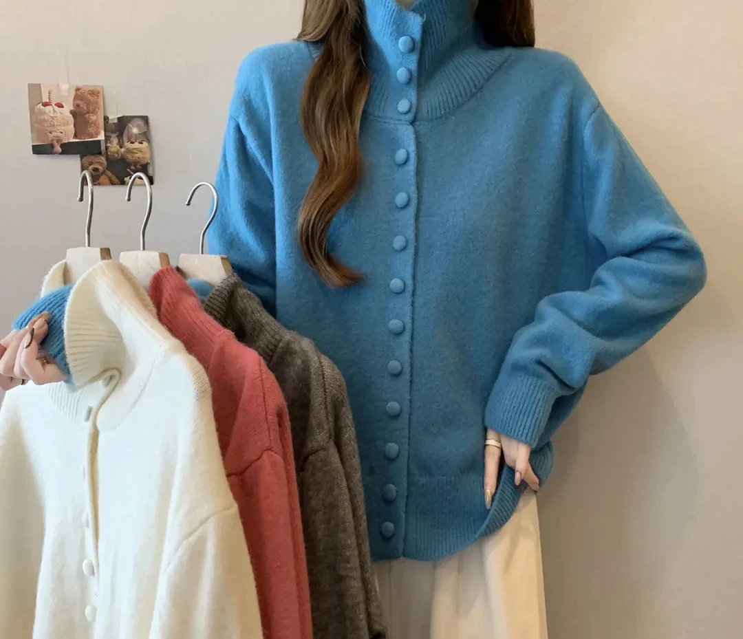 2024秋冬新款复古韩系慵懒风高级感宽松毛衣外套高领针织开衫女
