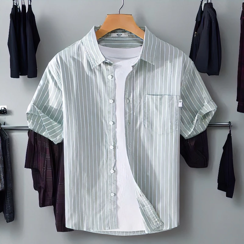 夏季男士纯棉条纹短袖衬衫百搭透气日系男装宽松休闲薄款衬衣帅气