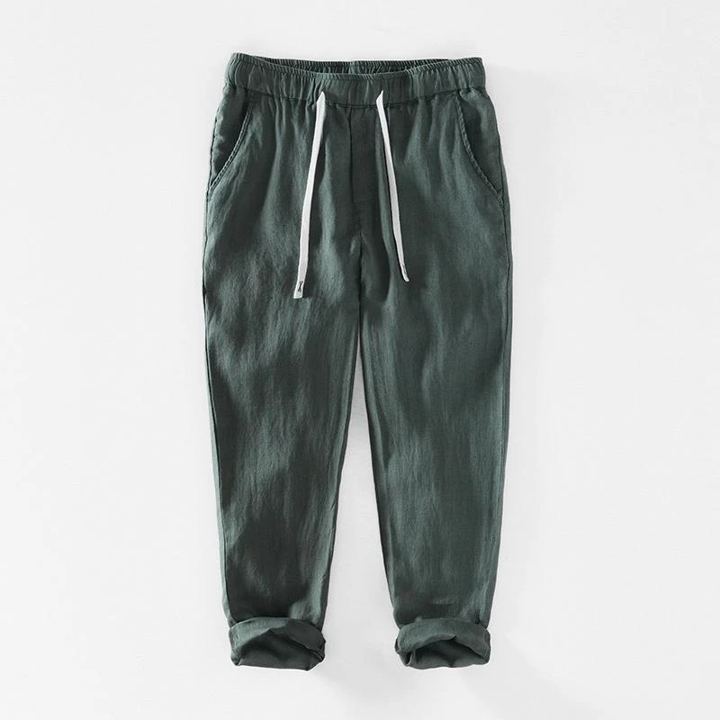 vintage亚麻九分裤夏季通勤宽松白色松紧腰百搭休闲中腰棉麻裤子