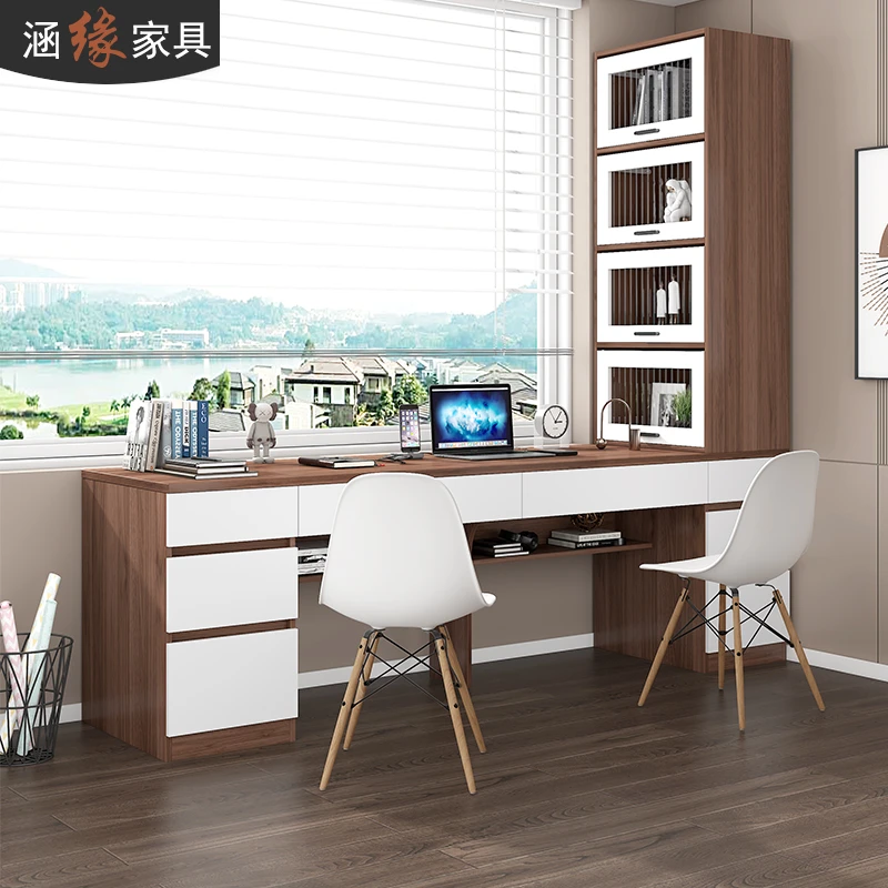 轻奢现代双人飘窗书桌书架收纳置物架学习桌家用梳妆化妆桌7L18