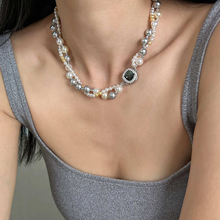 铜仿珍珠项链 轻奢双层混彩珠珠方块项链女高级感时尚两戴设计感