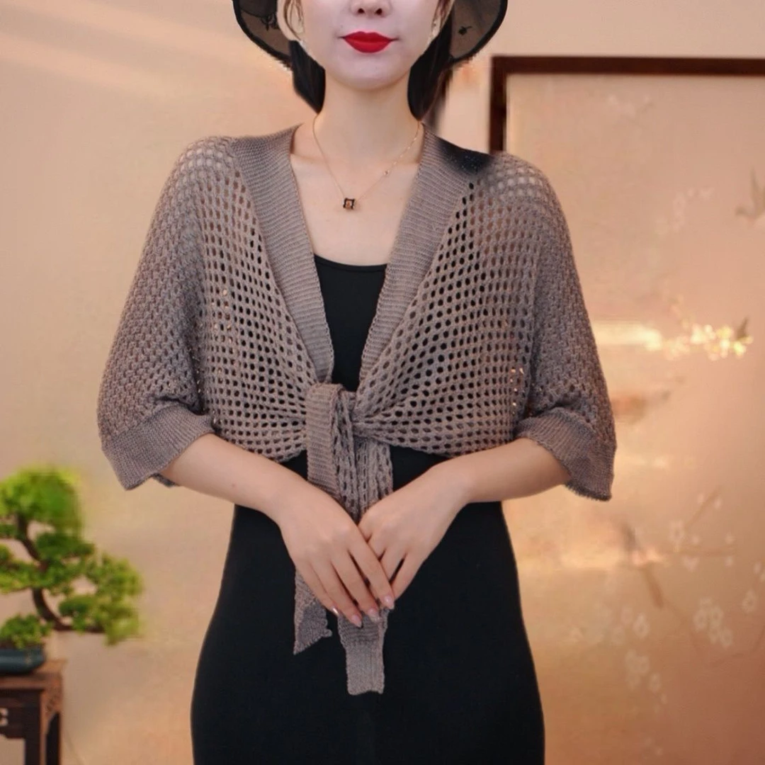 夏季镂空纯色防晒针织斗篷空调披肩七彩亮丝多功能空调房贵妇披肩