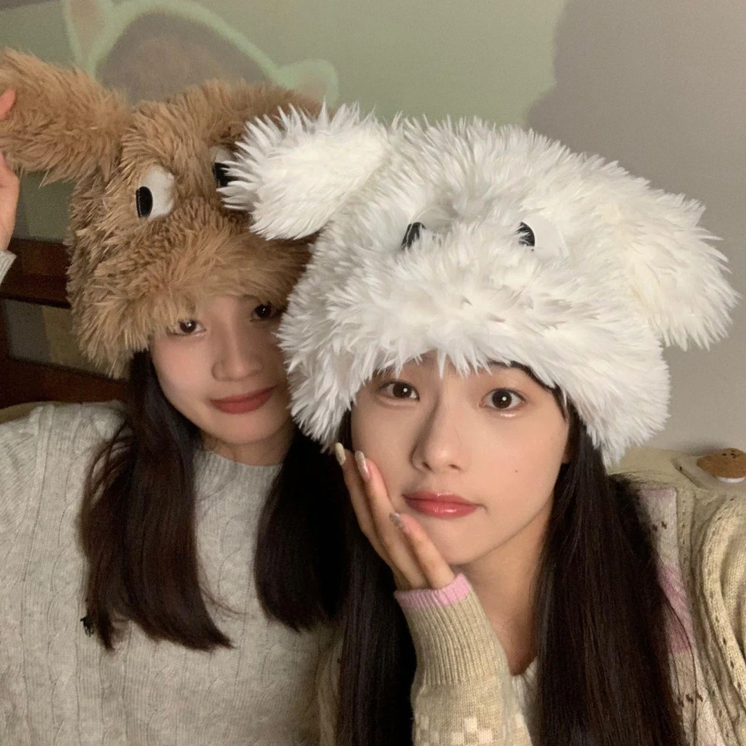 卡通搞怪小狗帽子女眼睛长耳朵加厚套头帽秋冬保暖毛绒雷锋帽W174