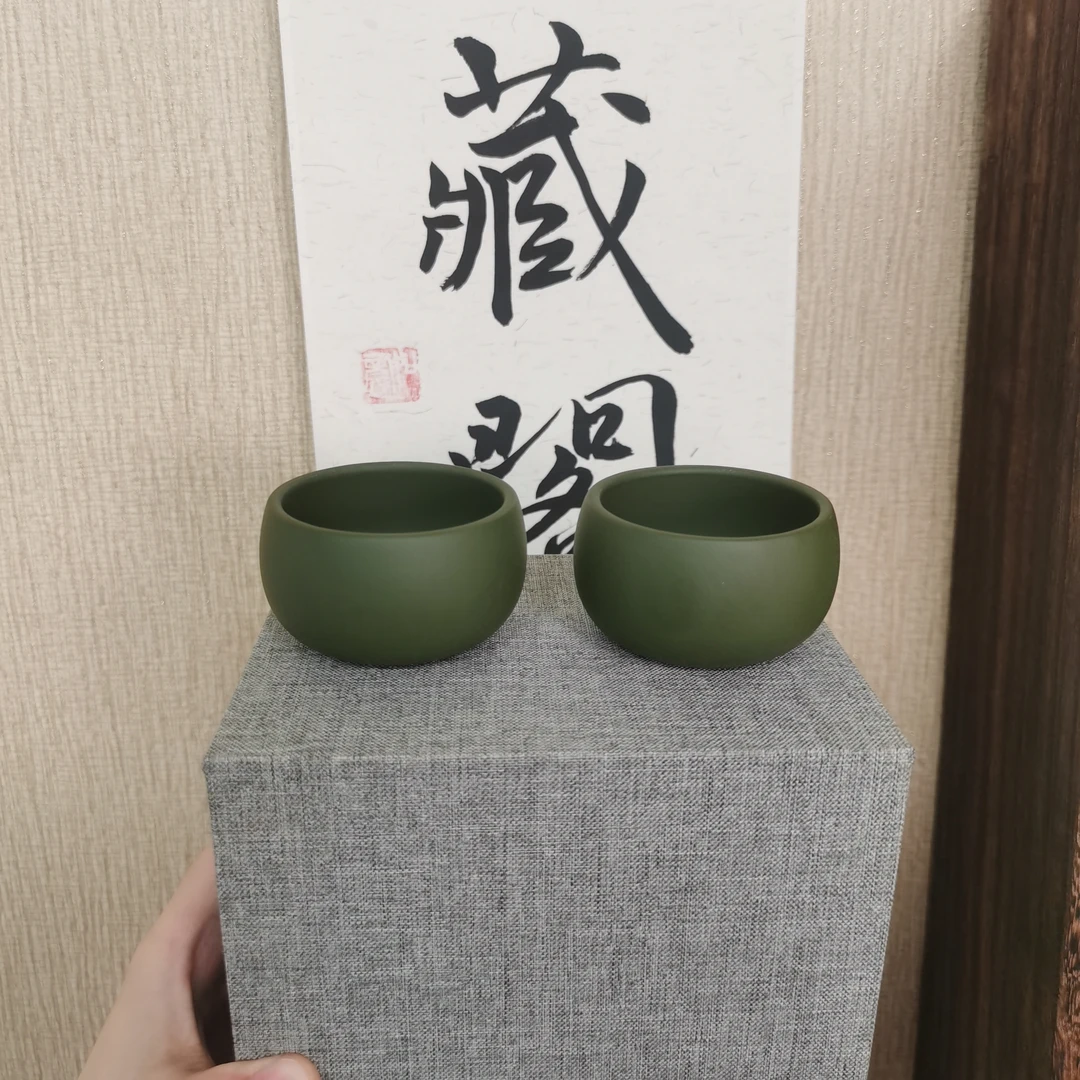 翡翠绿泥矮主人杯一对【晴】