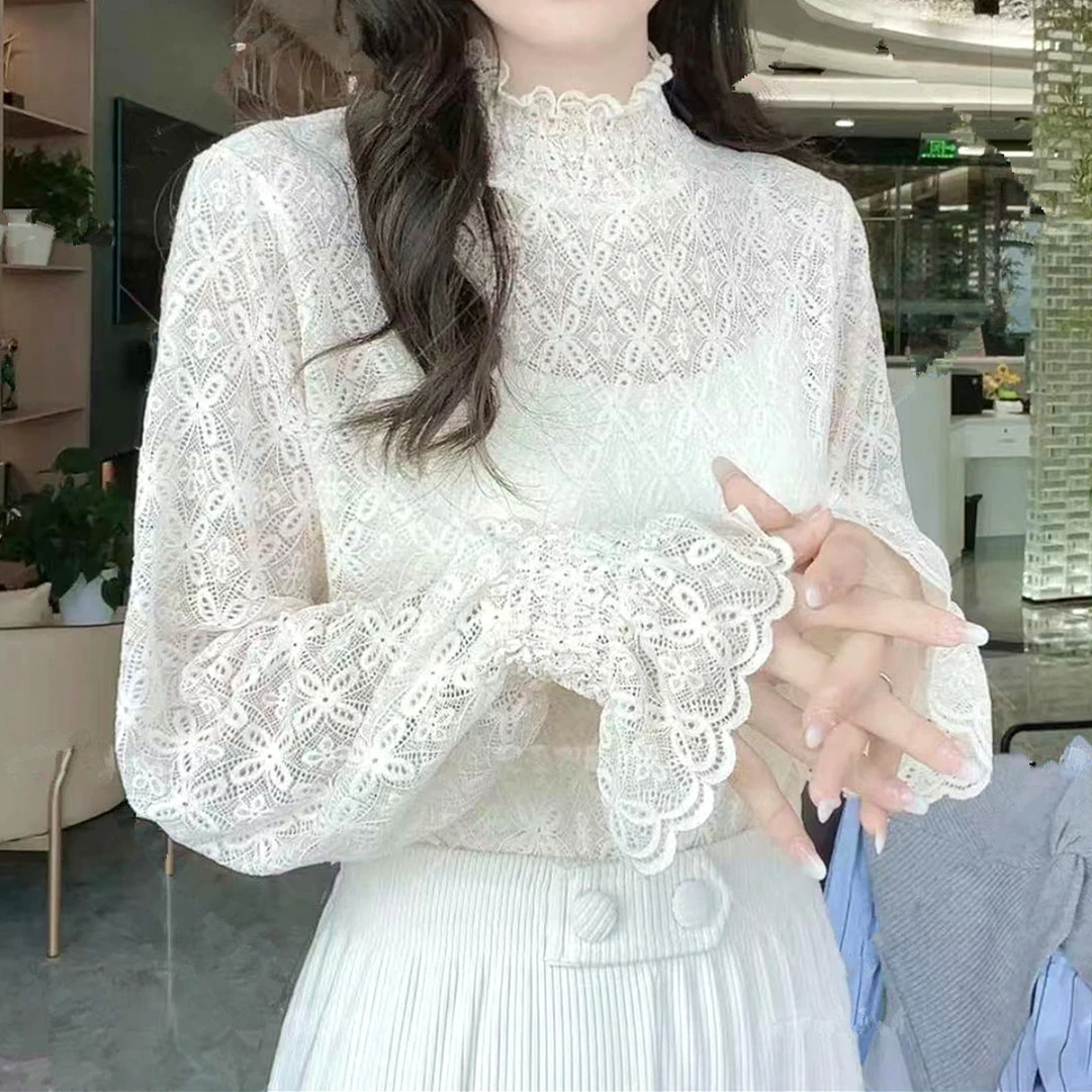 半高领蕾丝打底衫女内搭秋冬设计感小众洋气修身显瘦气质长袖上衣