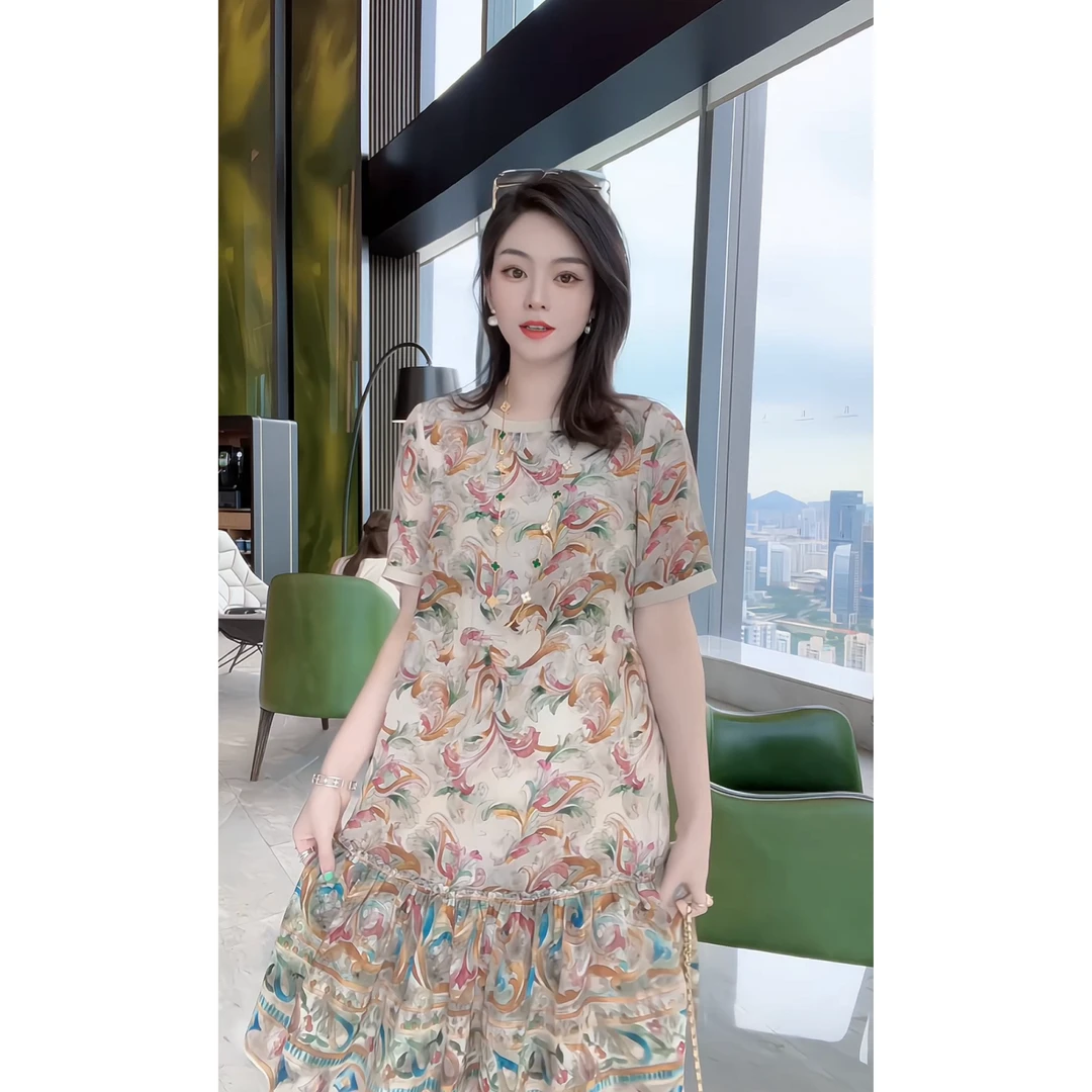 【深圳米熙儿】意境花园——100%桑蚕丝减龄休闲印花女装连衣裙Q6004