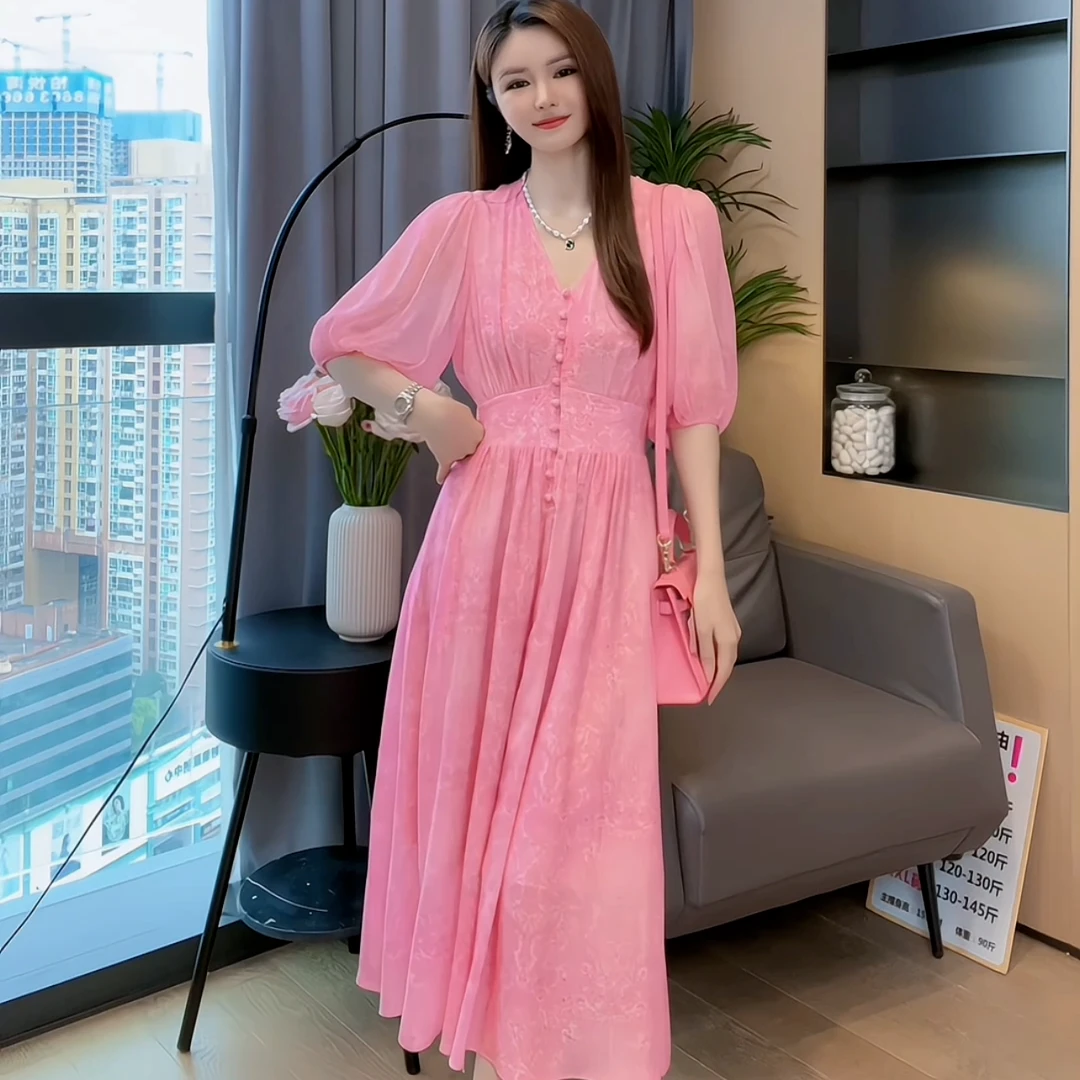 【深圳米熙儿】浪漫花园——优雅气质时尚显瘦V领桑蚕丝奢连衣裙Q037