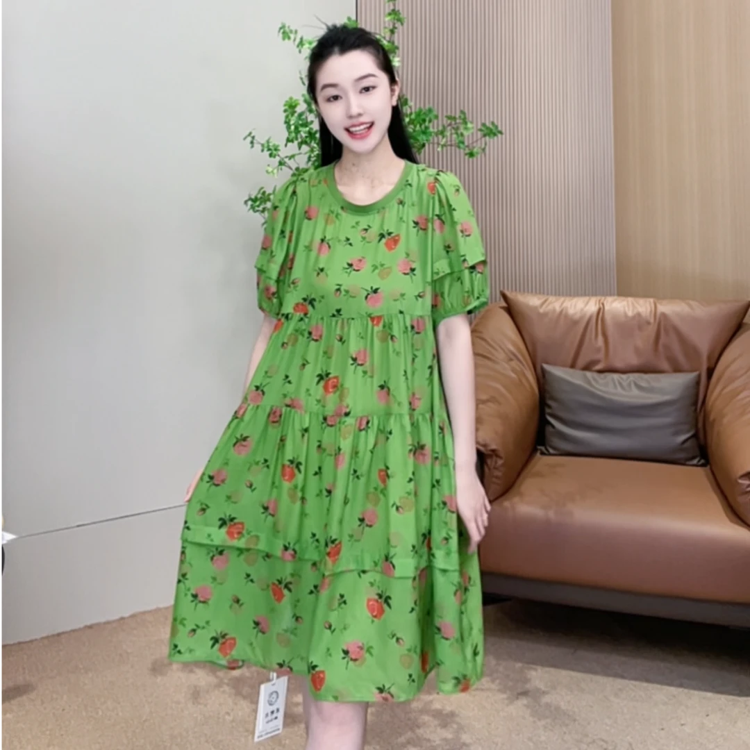 【深圳米熙儿】100%桑蚕丝显瘦法式圆领气质女装印花连衣裙Q4666