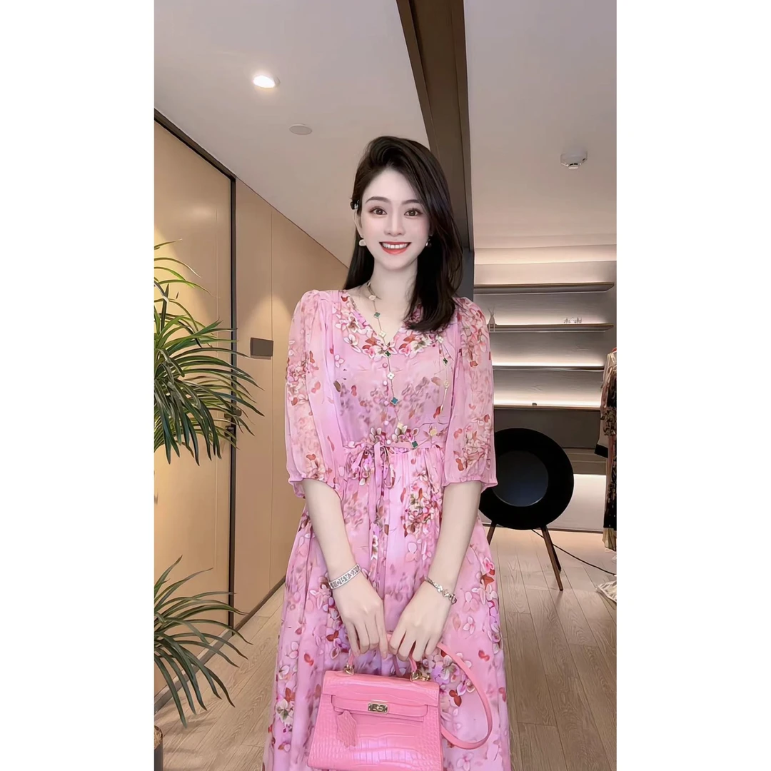 【深圳米熙儿】桑蚕丝时尚法式收腰夏季显瘦宽松连衣裙90017