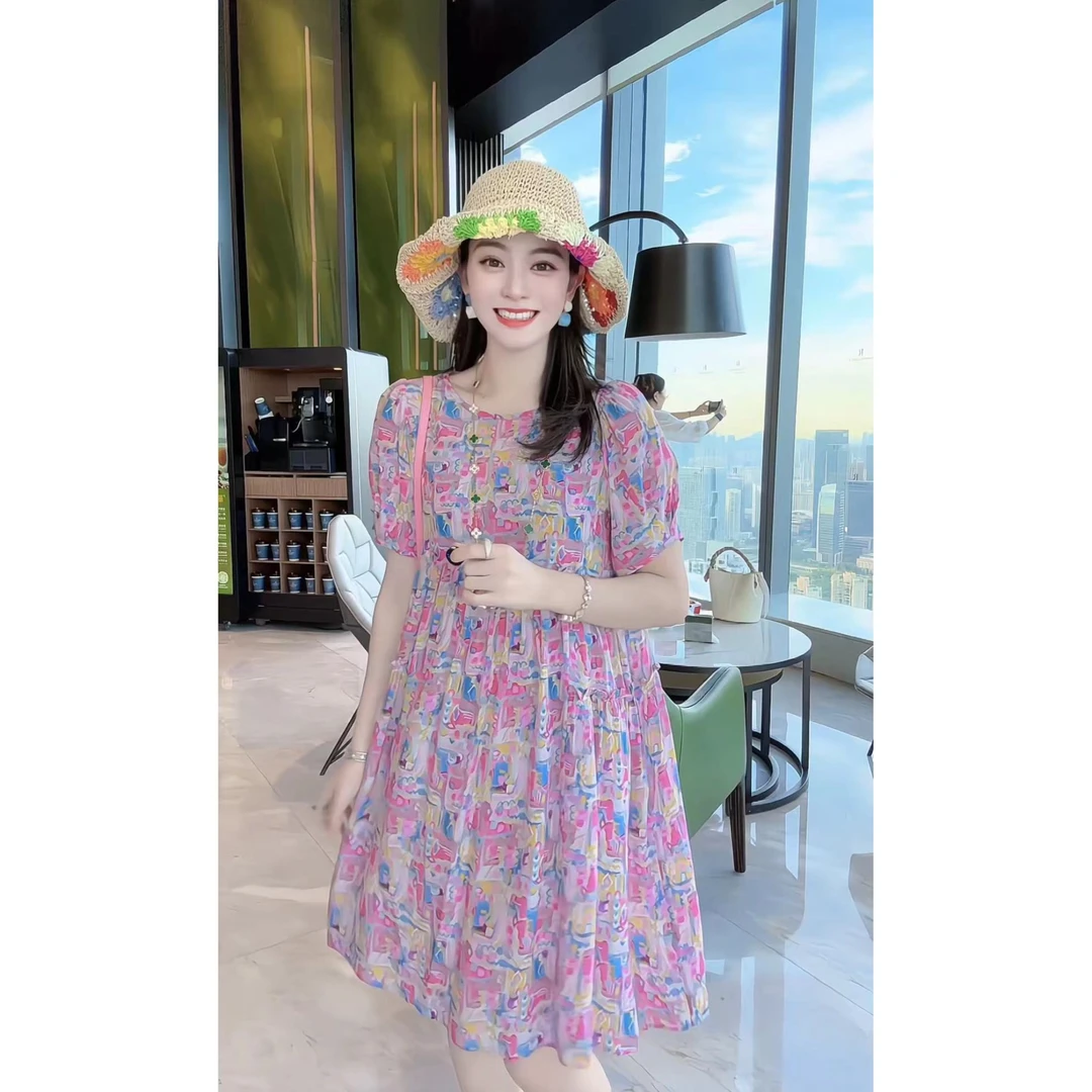 【深圳米熙儿】100%桑蚕丝显瘦法式圆领女装印花连衣裙H5355