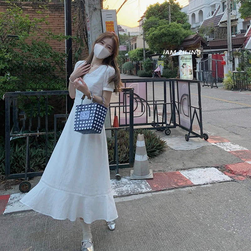 ◤白桃苏打◥ 夏季法式小清新初恋V领白色甜美连衣裙  L02461Z32