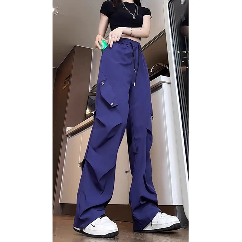 美式冰丝褶皱伞兵裤子男夏天薄款乌梅紫色工装裤高街痞帅阔腿长裤