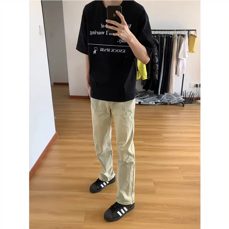 美式复古vibe裤子高街微喇黄泥色牛仔裤男秋季新款修身窄版直筒裤