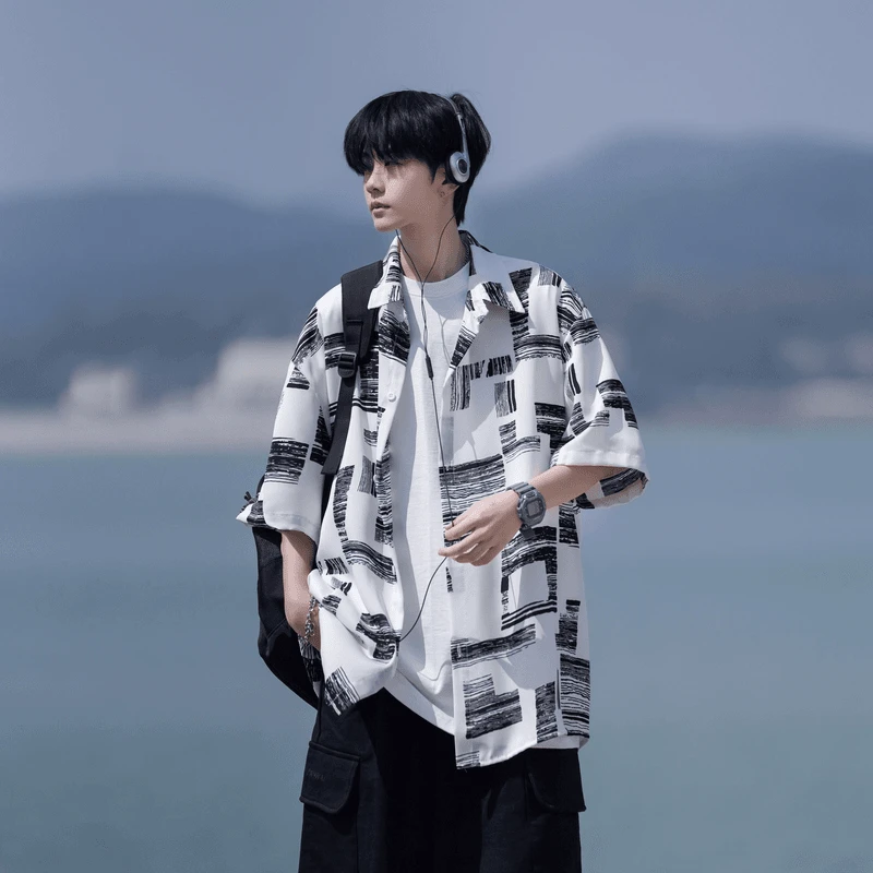 vintage复古格子衬衫男短袖夏季冰丝痞帅高级感衬衣美式潮流半袖