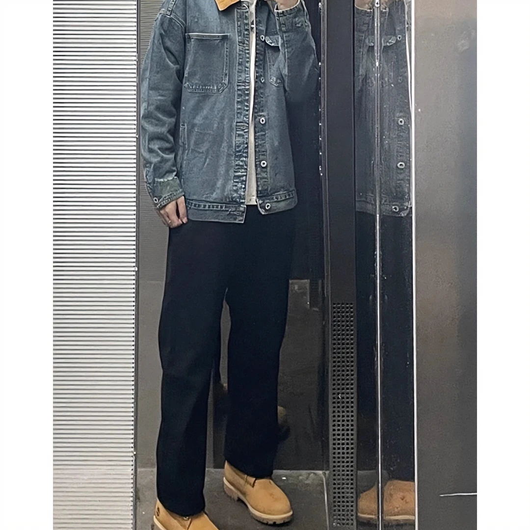 大黄靴马丁靴裤子搭配男秋季ootd穿搭高腰牛仔裤宽松直筒微喇长裤