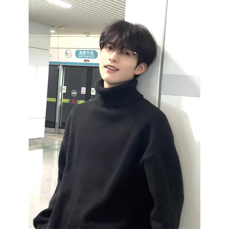 黑色高领毛衣男款冬季青少年ootd保暖内搭美式潮牌cleanfit针织衫